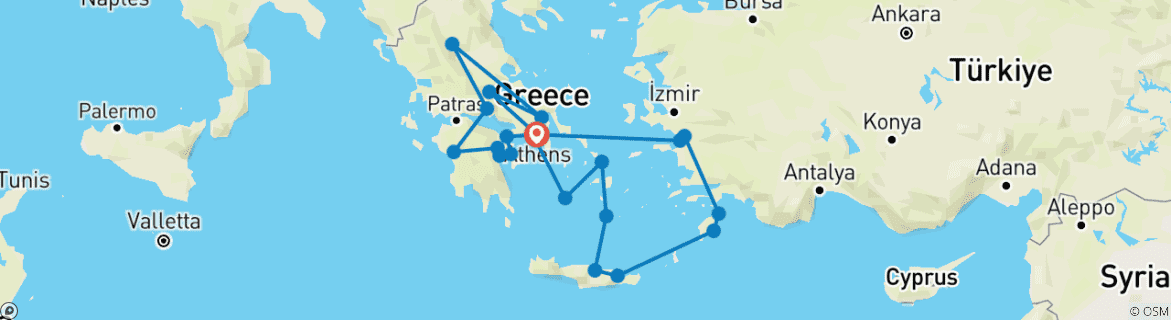 Kaart van Wonderen van het oude Griekenland & cruise – 14 dagen