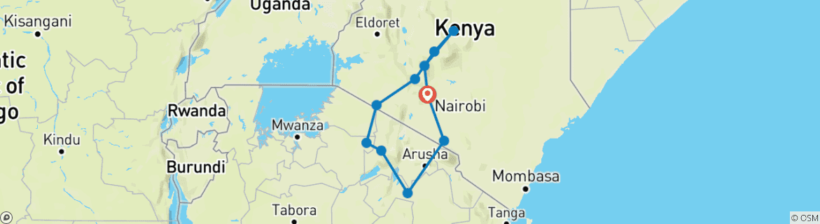 Image of a map showing the route of the tour