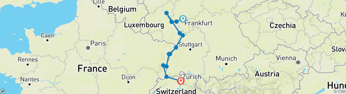 Image of a map showing the route of the tour