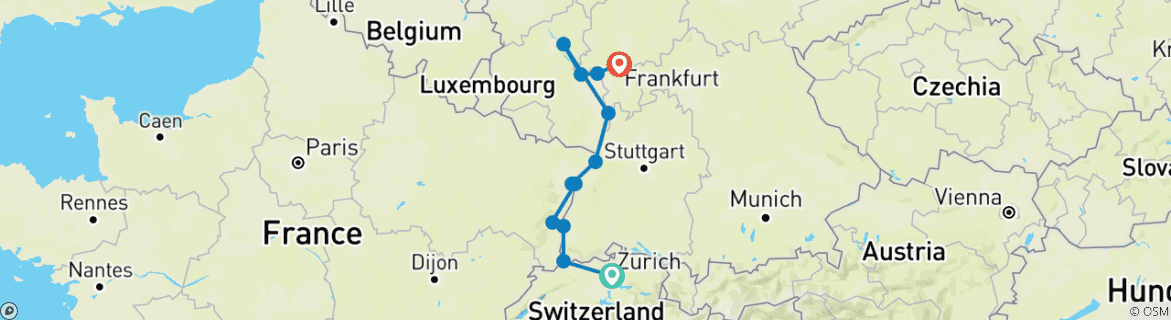 Image of a map showing the route of the tour