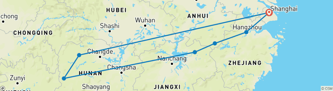 Image of a map showing the route of the tour