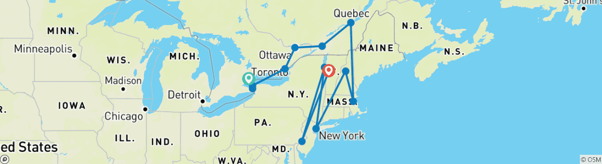 Image of a map showing the route of the tour