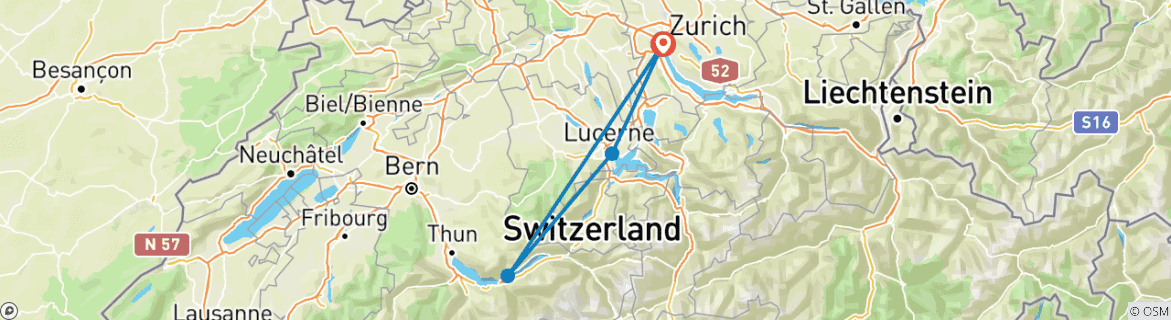 Image of a map showing the route of the tour