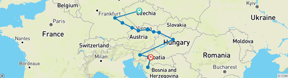 Image of a map showing the route of the tour