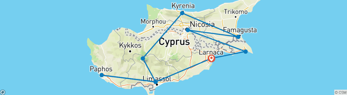 Image of a map showing the route of the tour