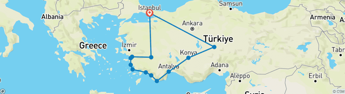 Image of a map showing the route of the tour