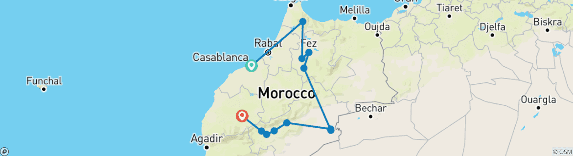 Image of a map showing the route of the tour