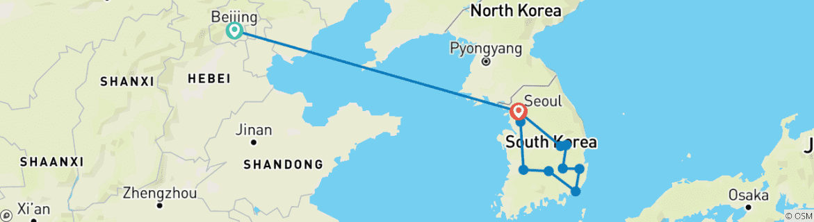 Image of a map showing the route of the tour