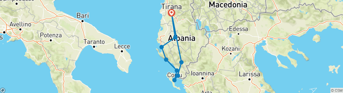 Image of a map showing the route of the tour