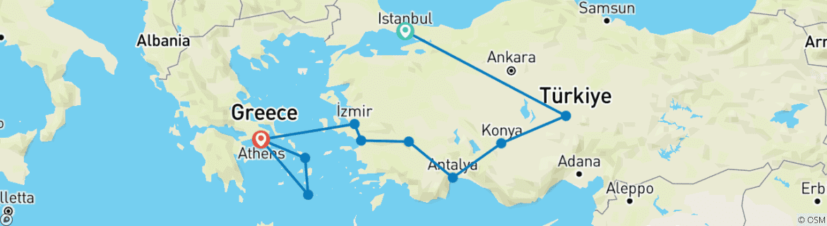 Image of a map showing the route of the tour