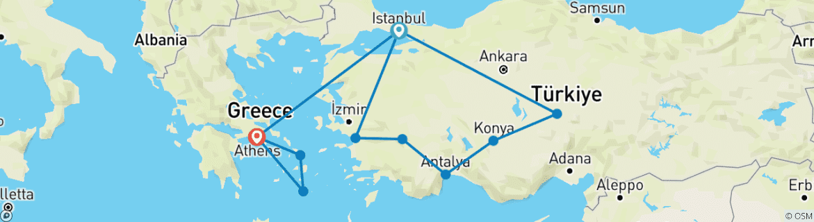Image of a map showing the route of the tour