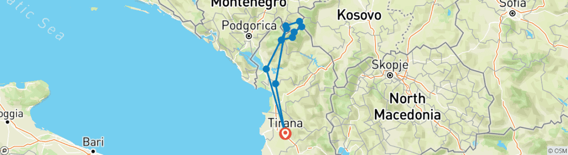 Image of a map showing the route of the tour