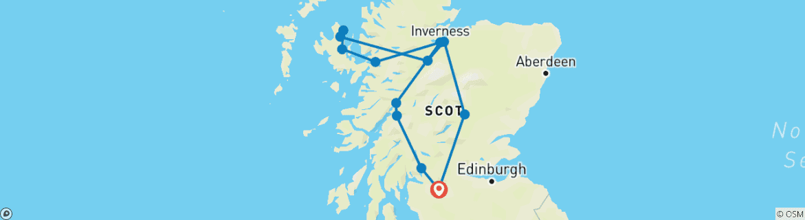 Image of a map showing the route of the tour