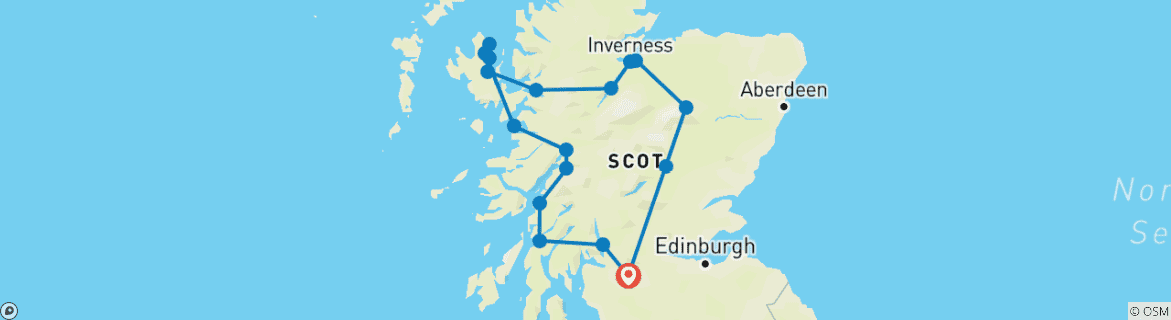 Image of a map showing the route of the tour