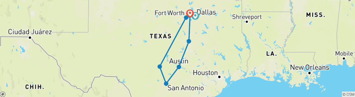 Image of a map showing the route of the tour