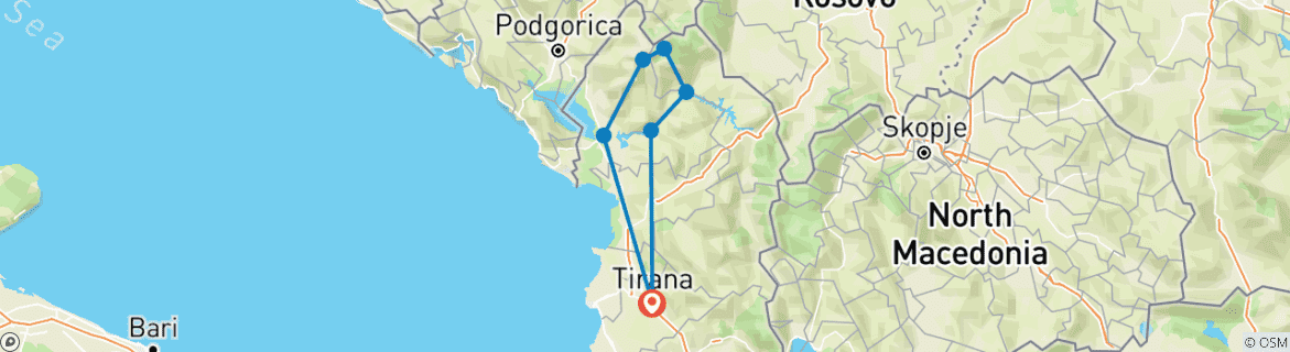 Image of a map showing the route of the tour
