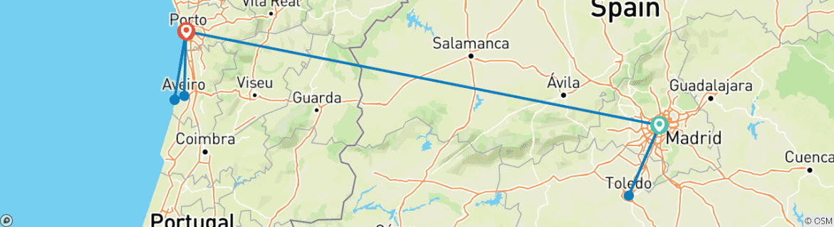 Carte du circuit 7 jours Madrid et Porto en train