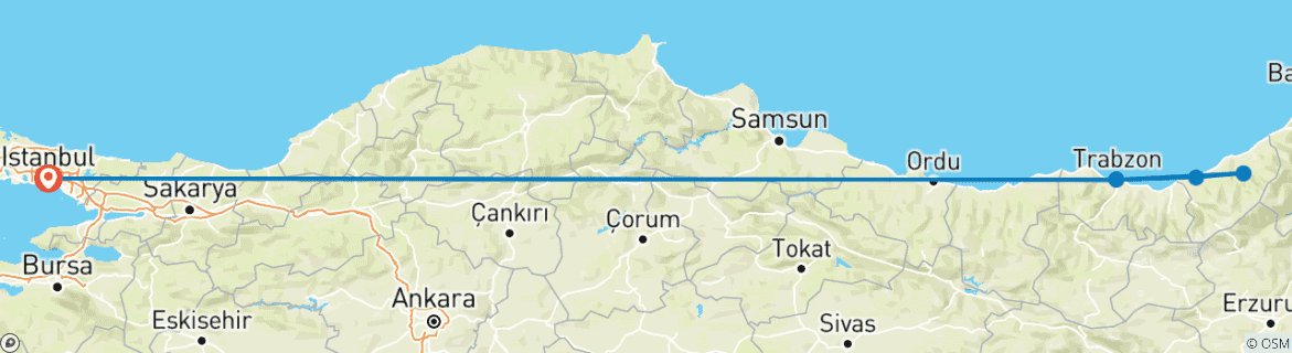 Image of a map showing the route of the tour