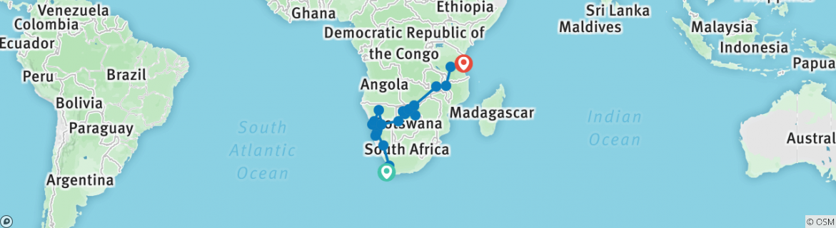 Image of a map showing the route of the tour