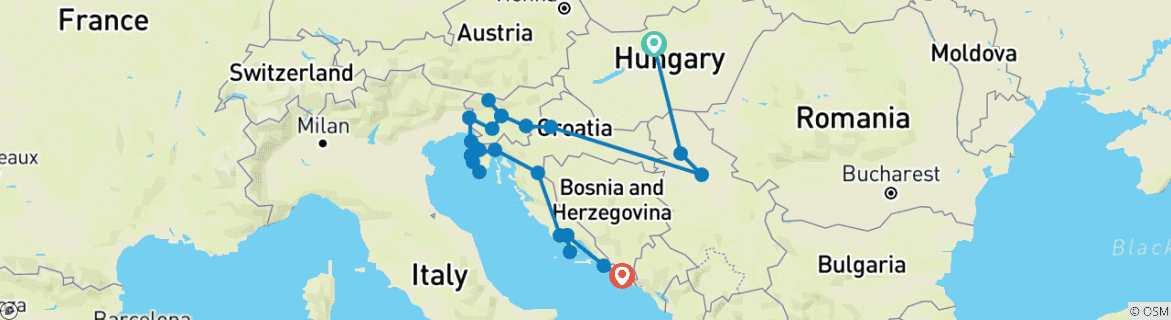 Image of a map showing the route of the tour