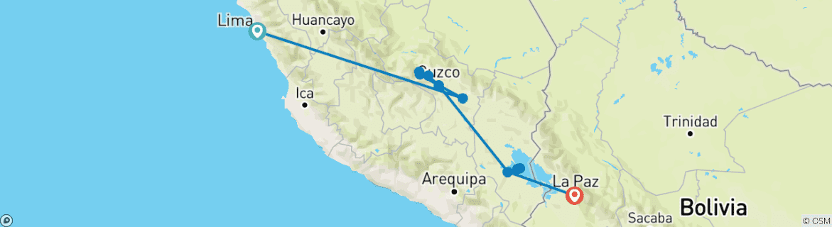 Image of a map showing the route of the tour