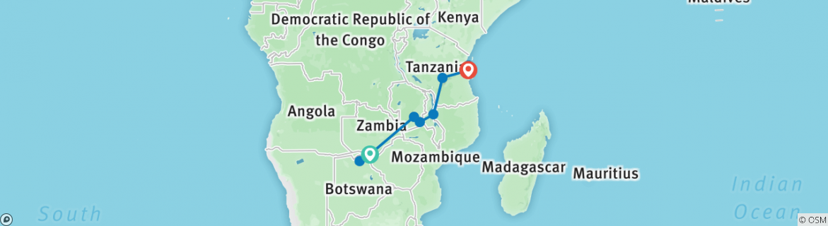 Image of a map showing the route of the tour