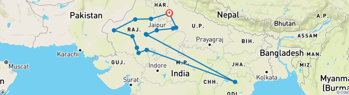 Image of a map showing the route of the tour