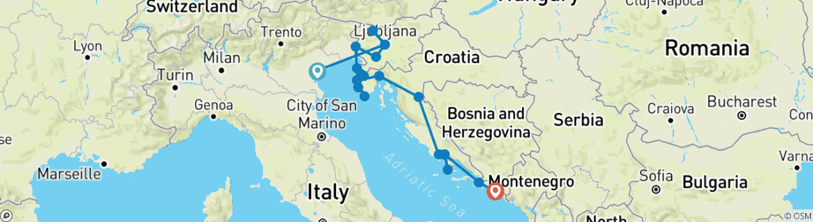 Image of a map showing the route of the tour