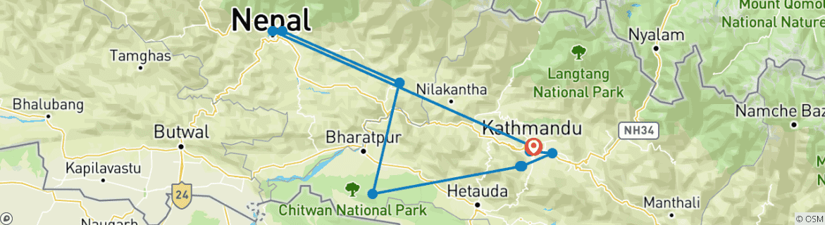 Image of a map showing the route of the tour
