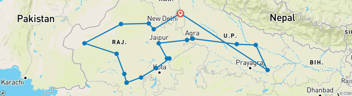 Image of a map showing the route of the tour