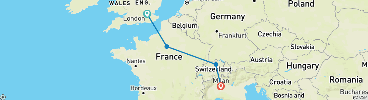 Image of a map showing the route of the tour