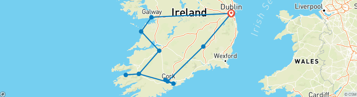 Image of a map showing the route of the tour