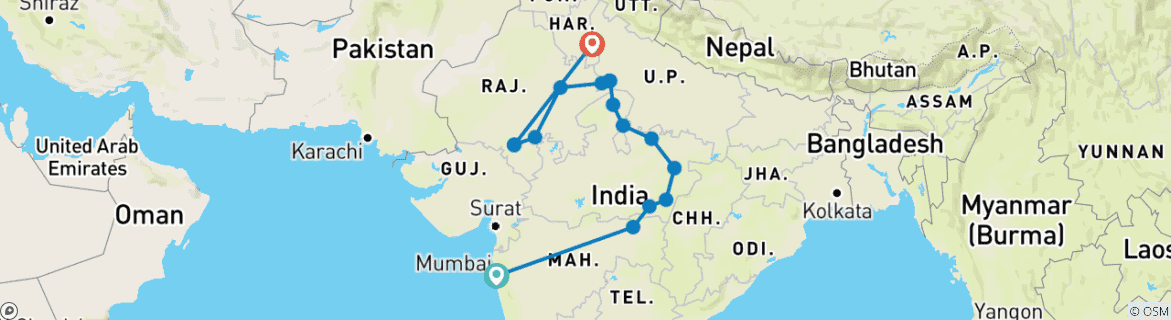 Image of a map showing the route of the tour