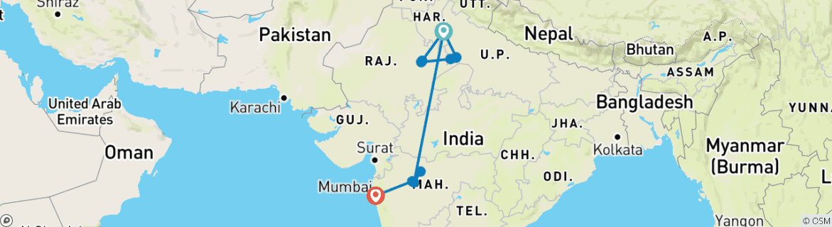 Image of a map showing the route of the tour