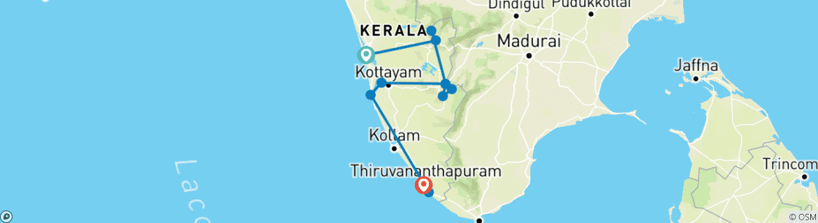 Image of a map showing the route of the tour