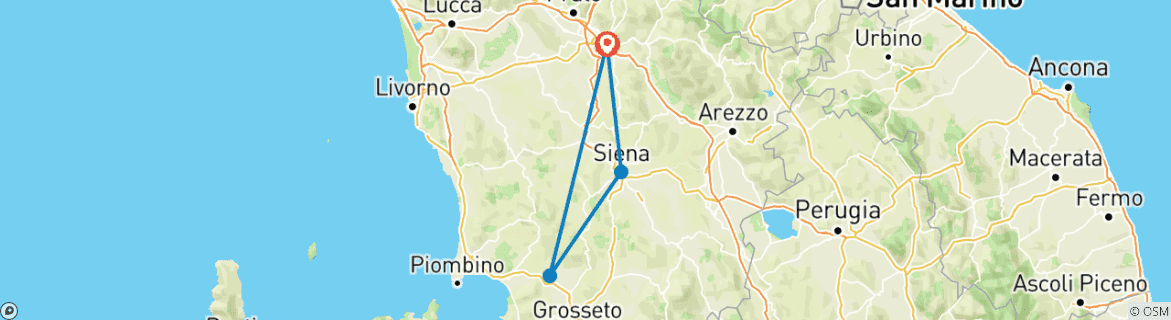 Image of a map showing the route of the tour