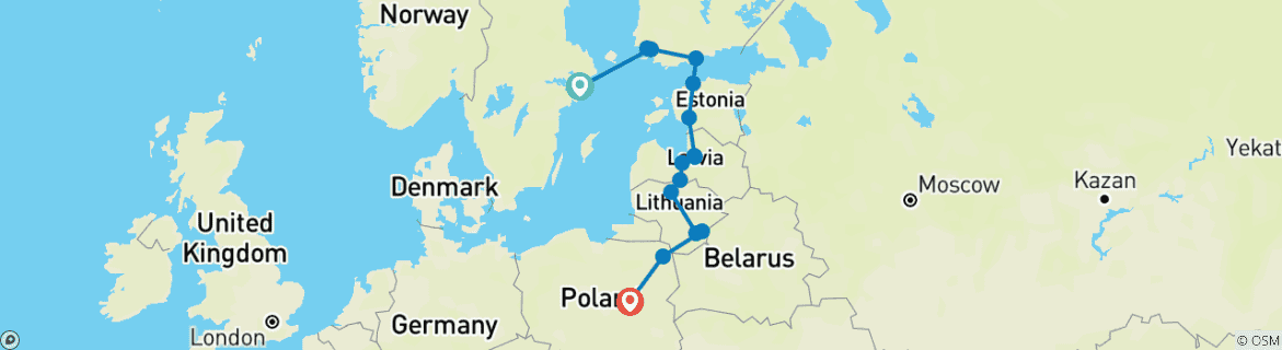 Image of a map showing the route of the tour