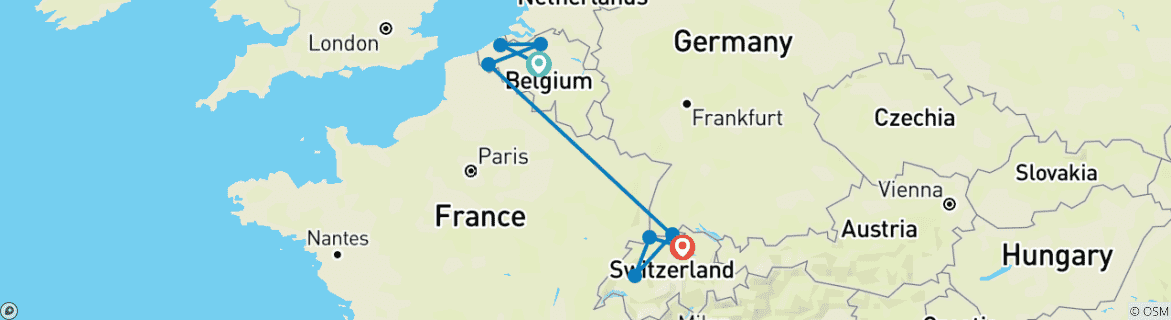 Image of a map showing the route of the tour
