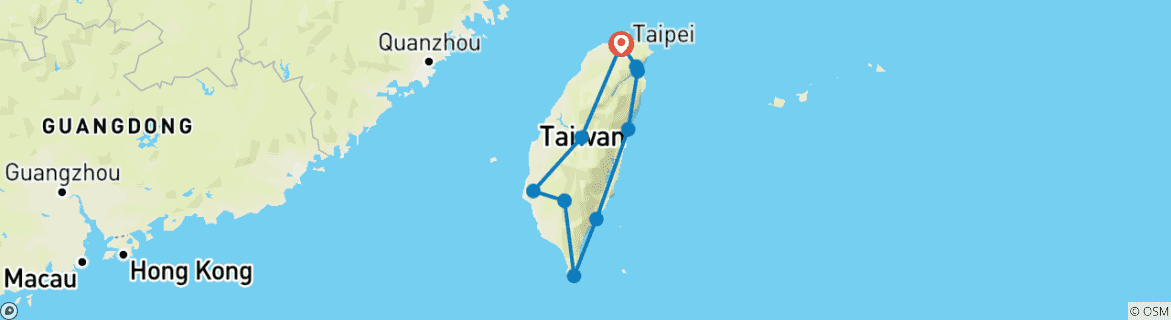 Image of a map showing the route of the tour