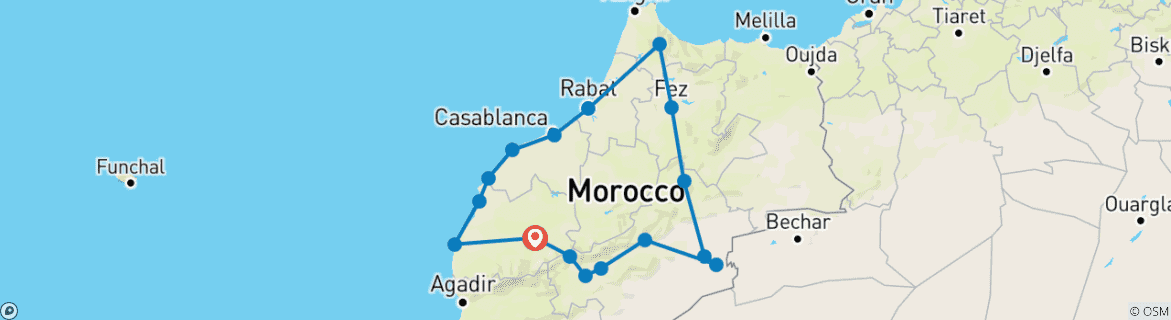 Image of a map showing the route of the tour