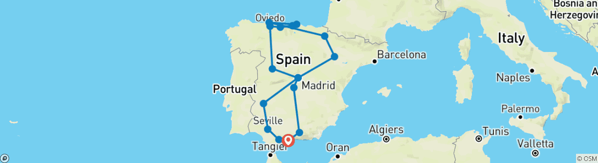 Image of a map showing the route of the tour