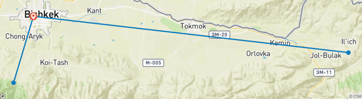 Image of a map showing the route of the tour