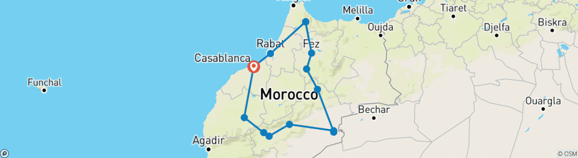 Image of a map showing the route of the tour