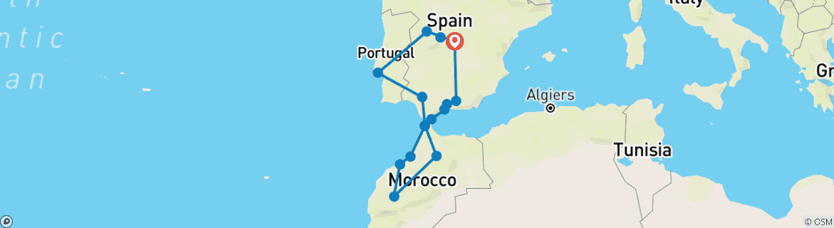 Image of a map showing the route of the tour