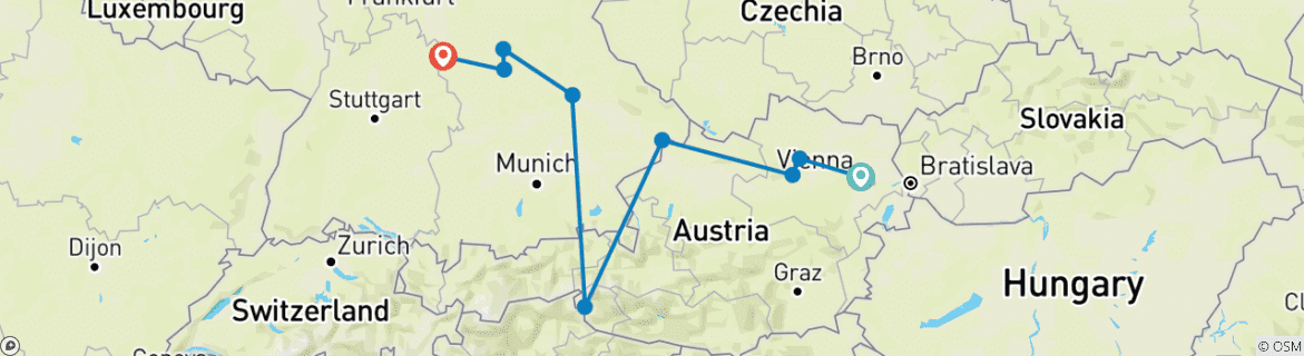 Image of a map showing the route of the tour