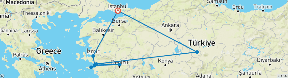 Image of a map showing the route of the tour