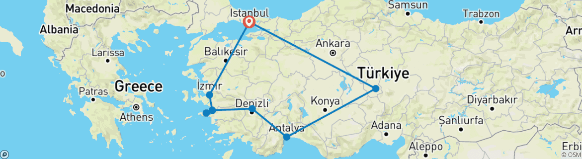 Image of a map showing the route of the tour
