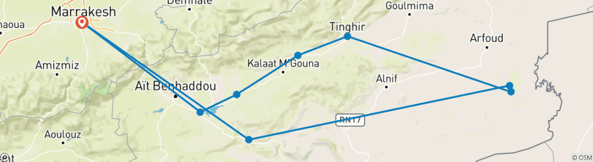 Image of a map showing the route of the tour