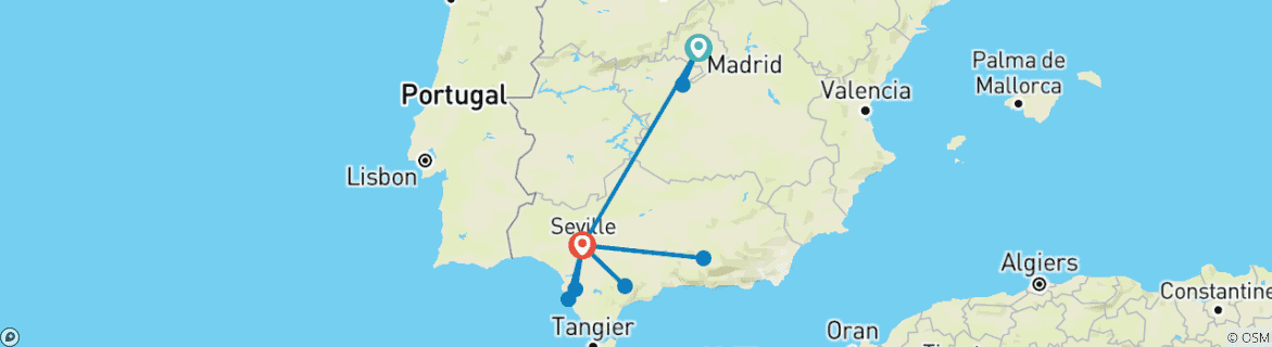 Image of a map showing the route of the tour