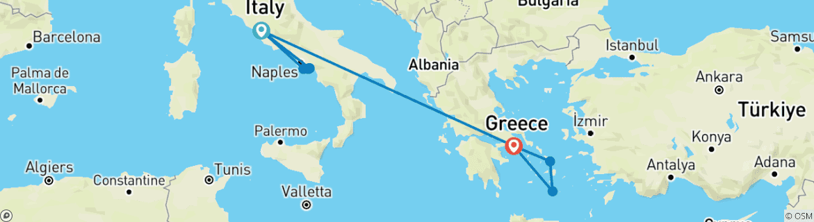 Image of a map showing the route of the tour